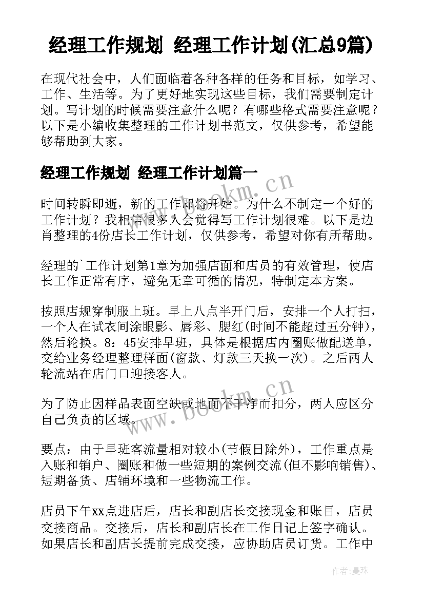 经理工作规划 经理工作计划(汇总9篇)