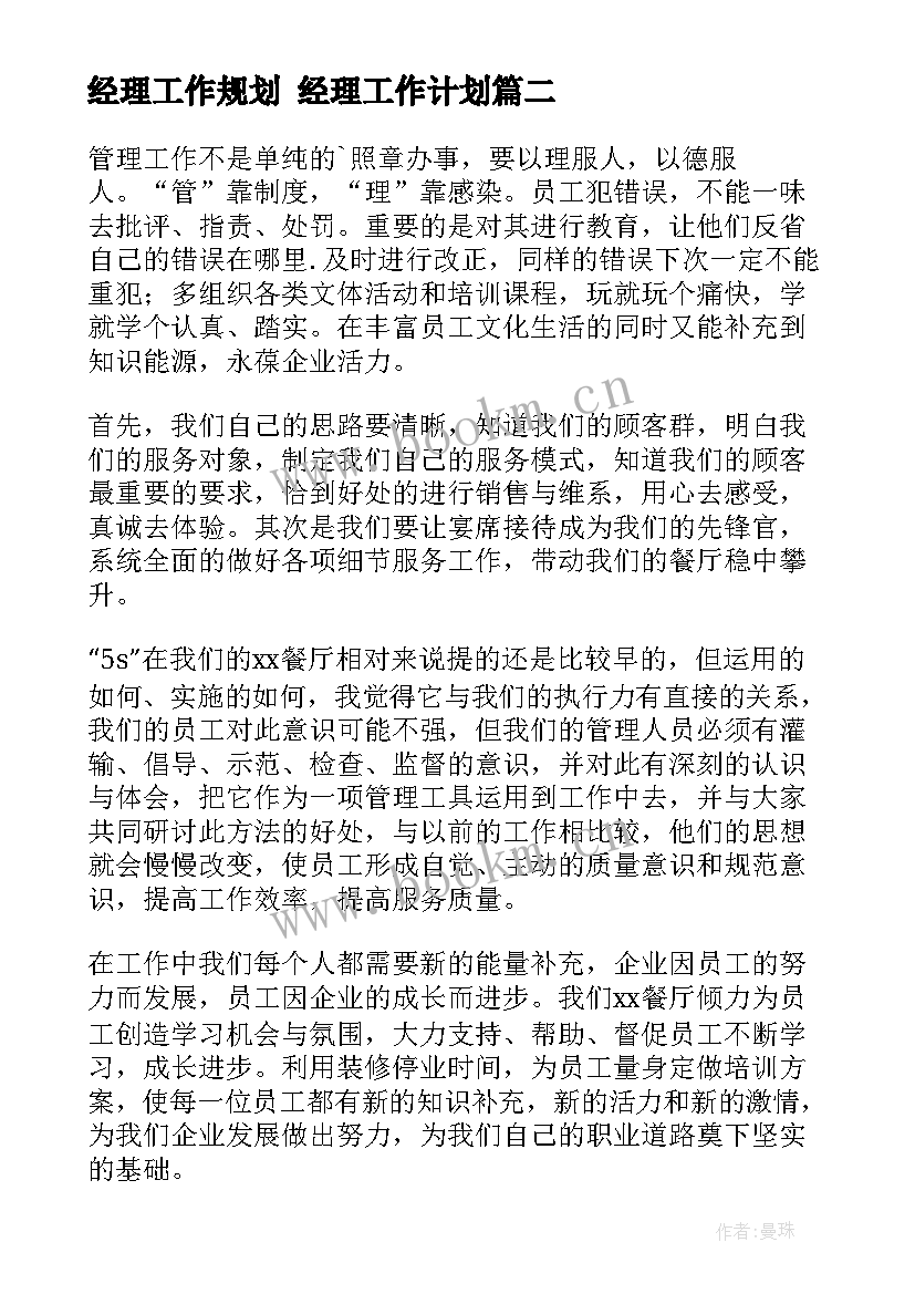 经理工作规划 经理工作计划(汇总9篇)