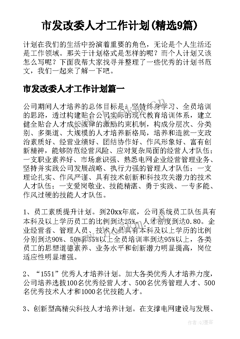 市发改委人才工作计划(精选9篇)