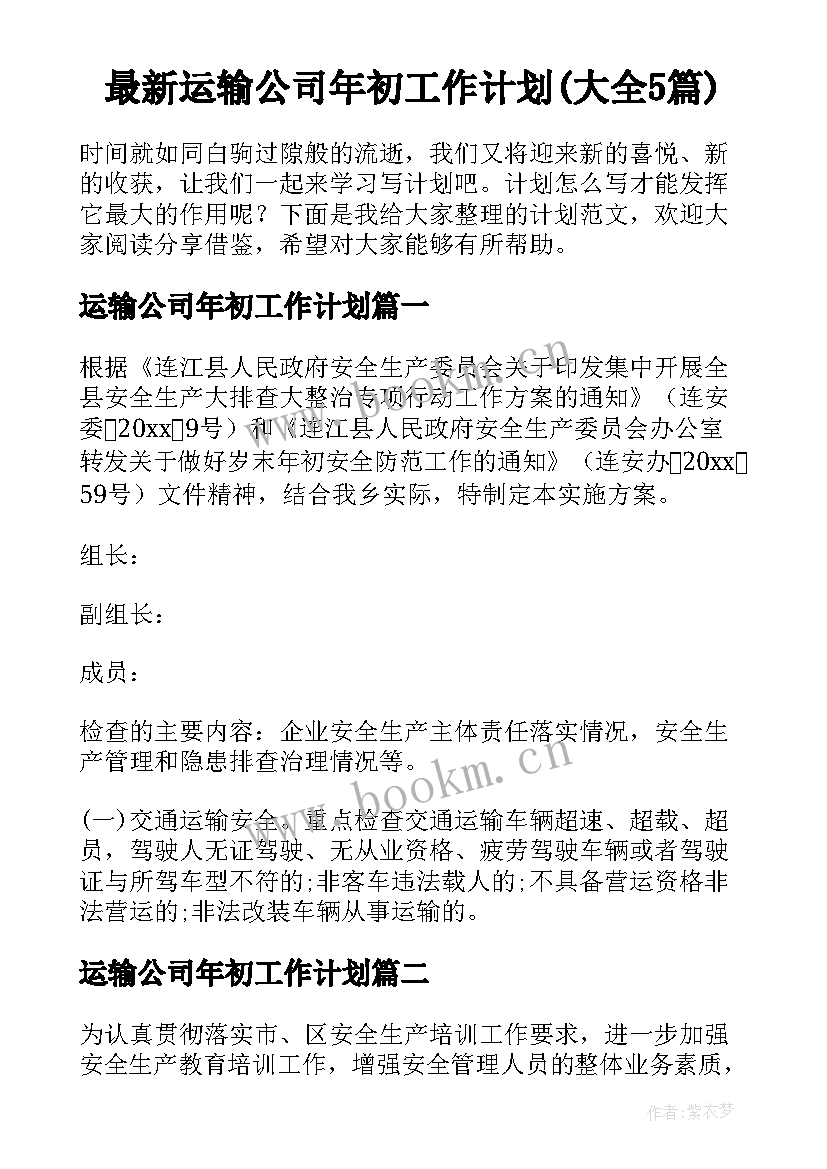 最新运输公司年初工作计划(大全5篇)