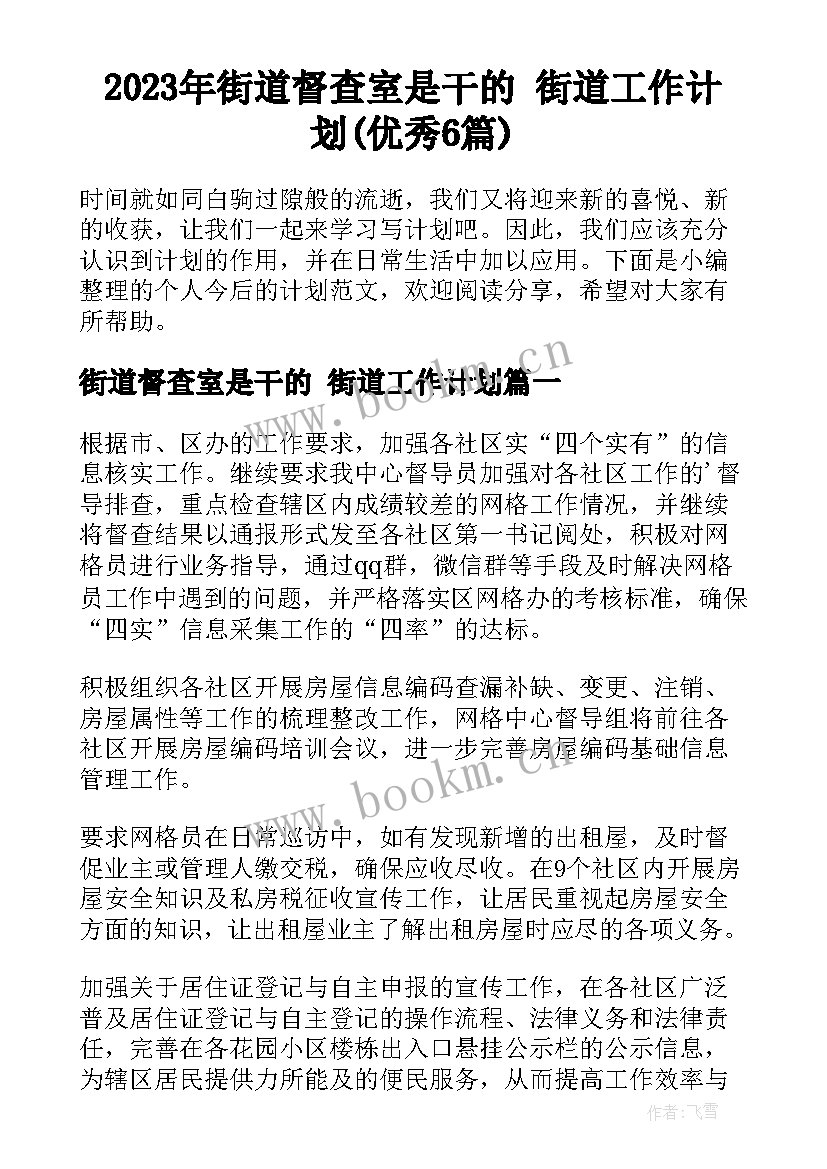 2023年街道督查室是干的 街道工作计划(优秀6篇)