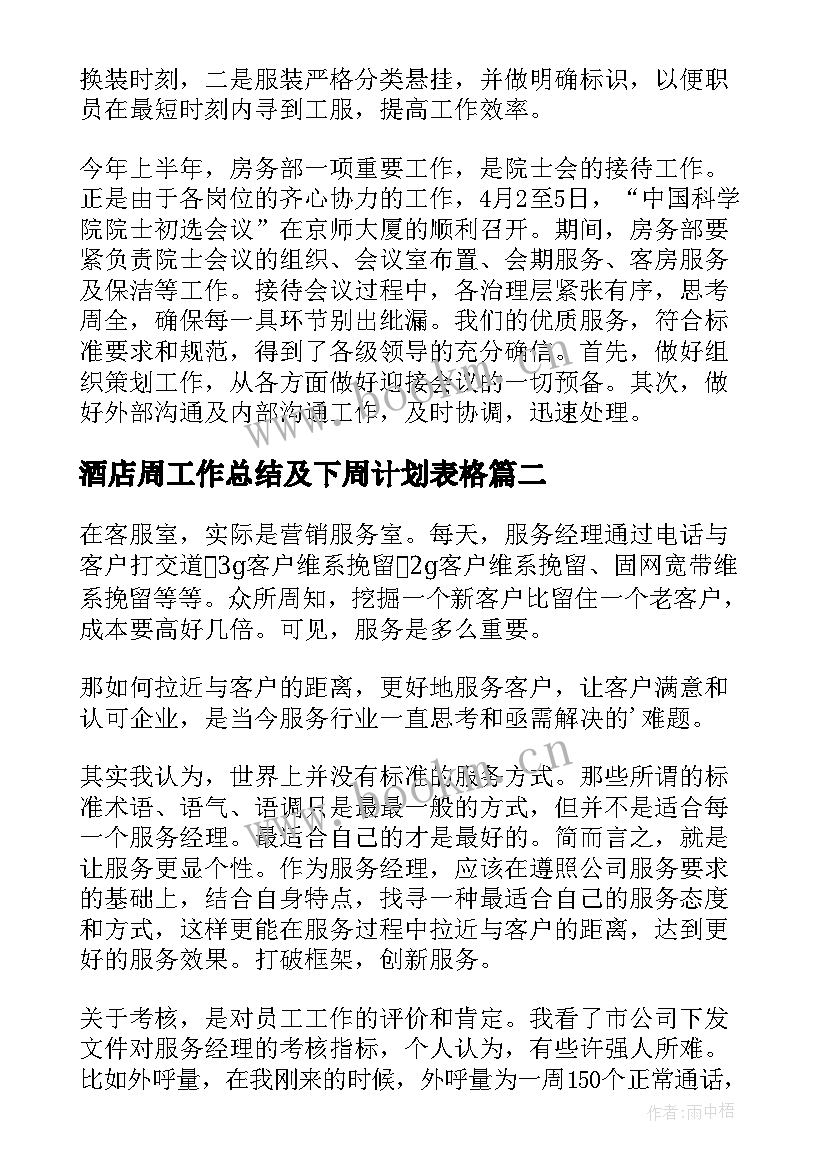 酒店周工作总结及下周计划表格(通用8篇)