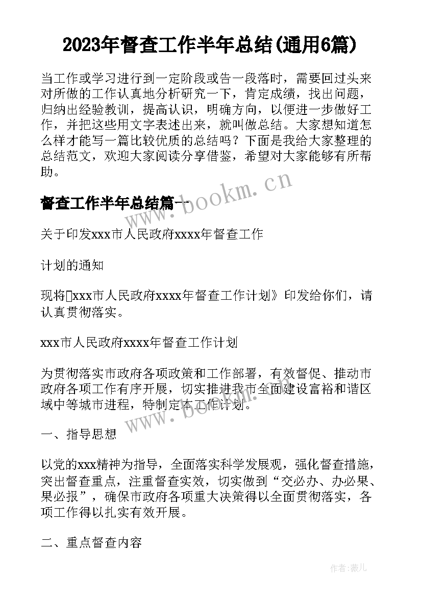 2023年督查工作半年总结(通用6篇)