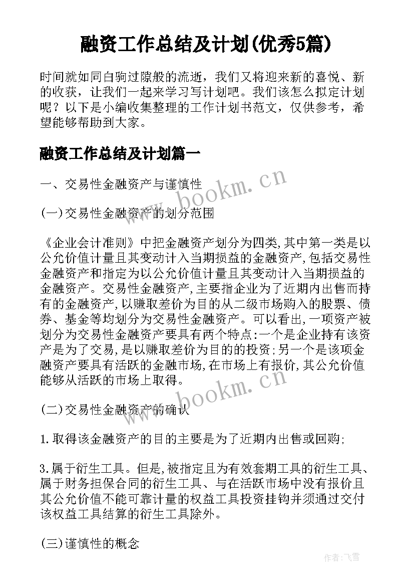 融资工作总结及计划(优秀5篇)