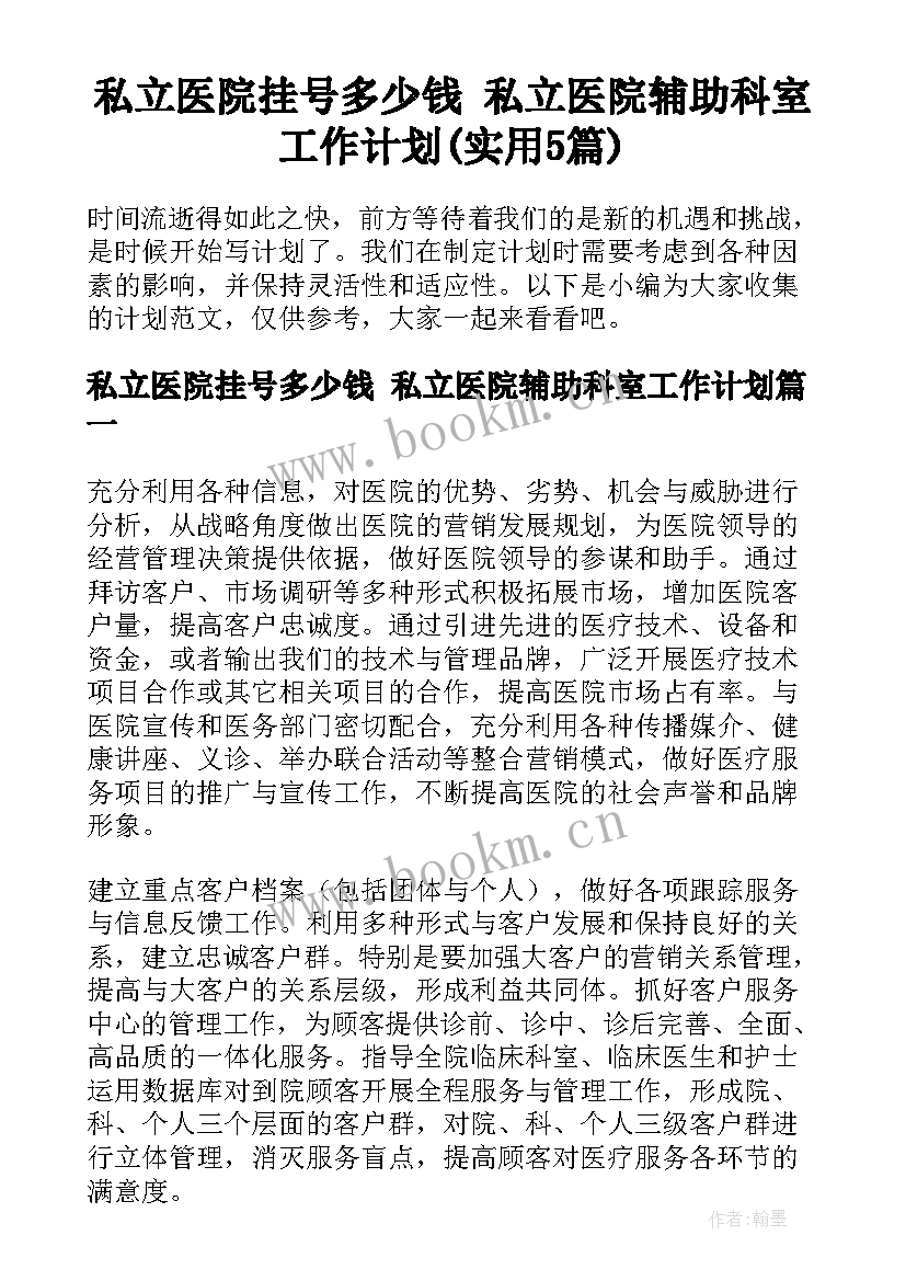 私立医院挂号多少钱 私立医院辅助科室工作计划(实用5篇)