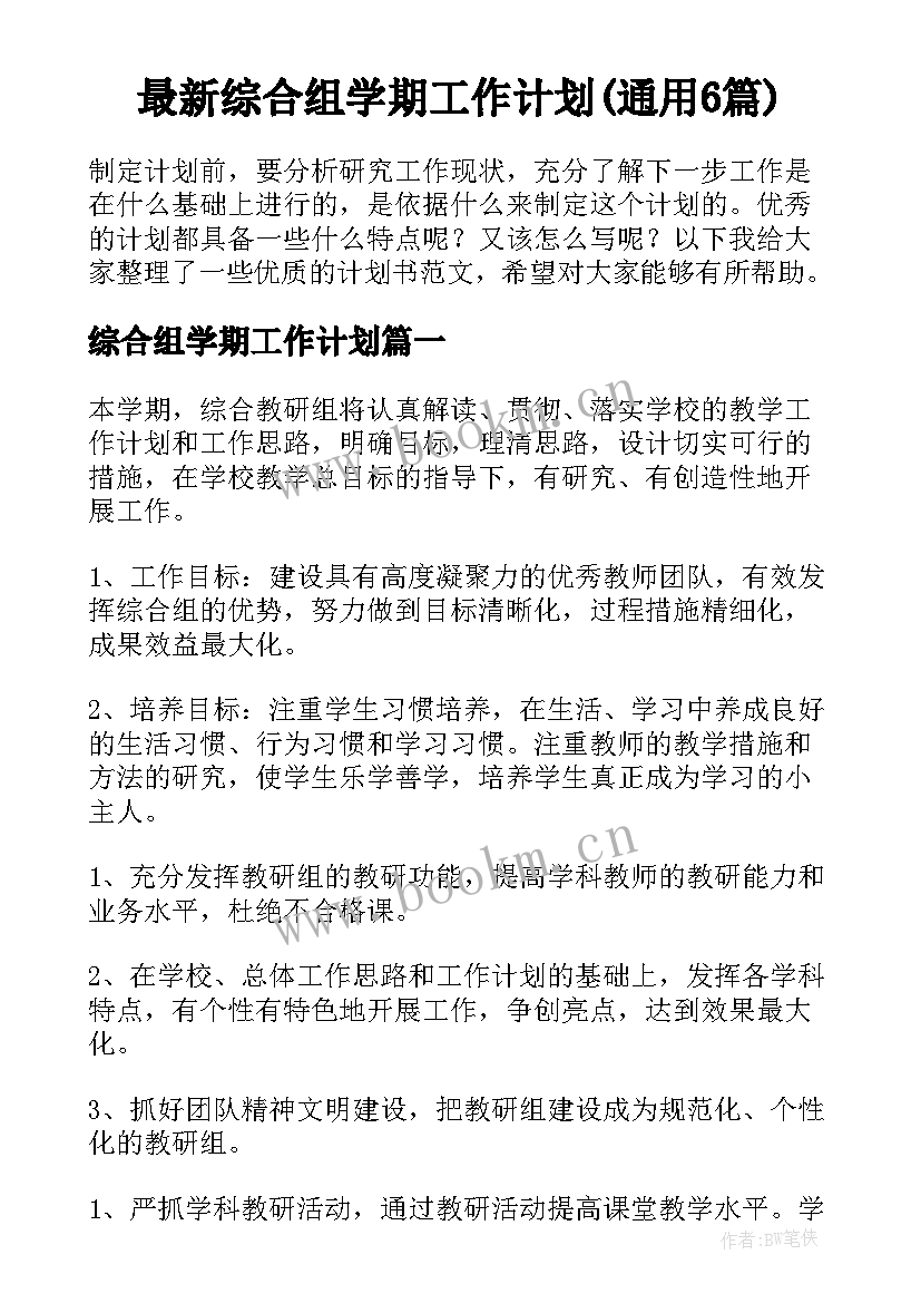 最新综合组学期工作计划(通用6篇)