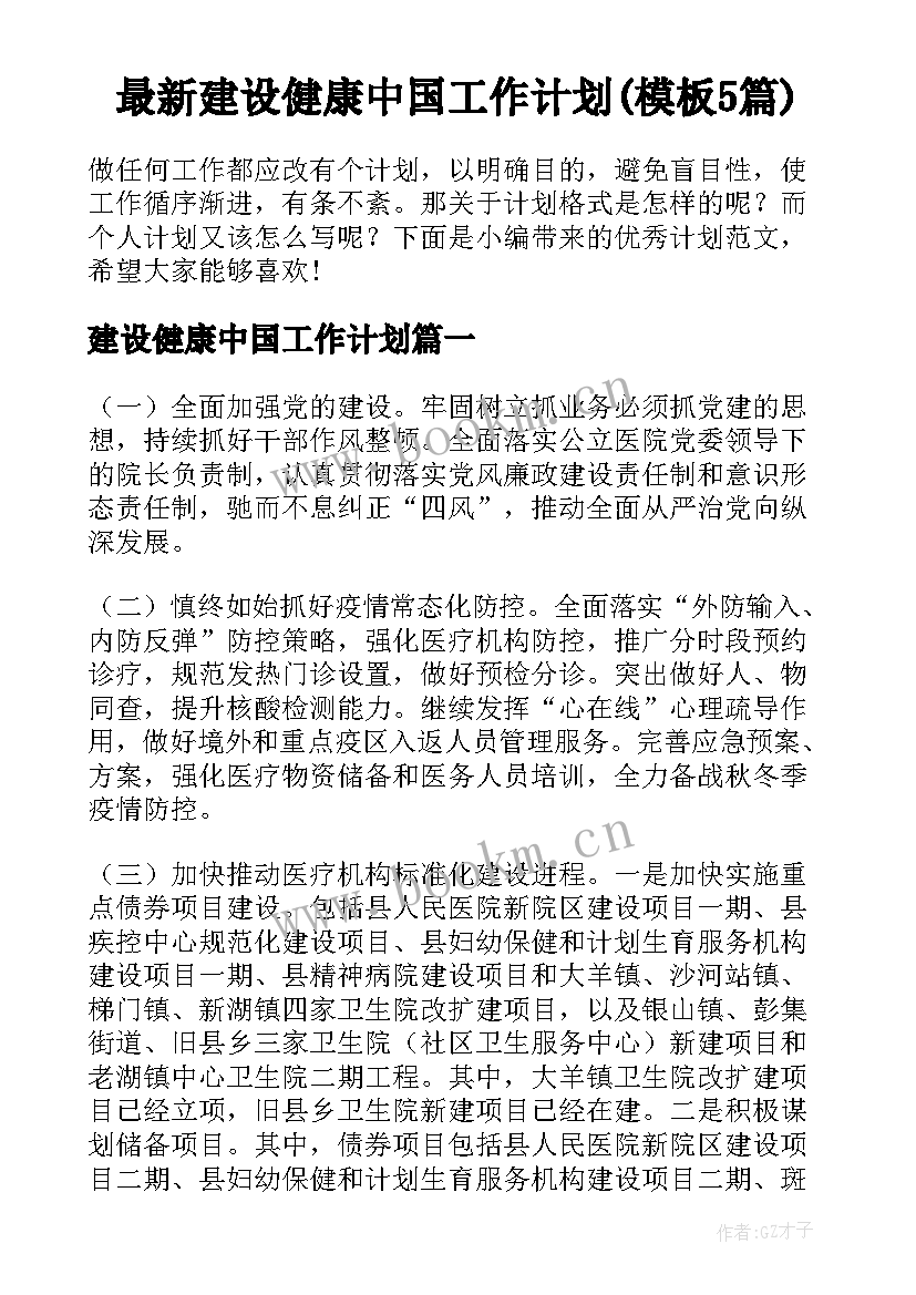 最新建设健康中国工作计划(模板5篇)