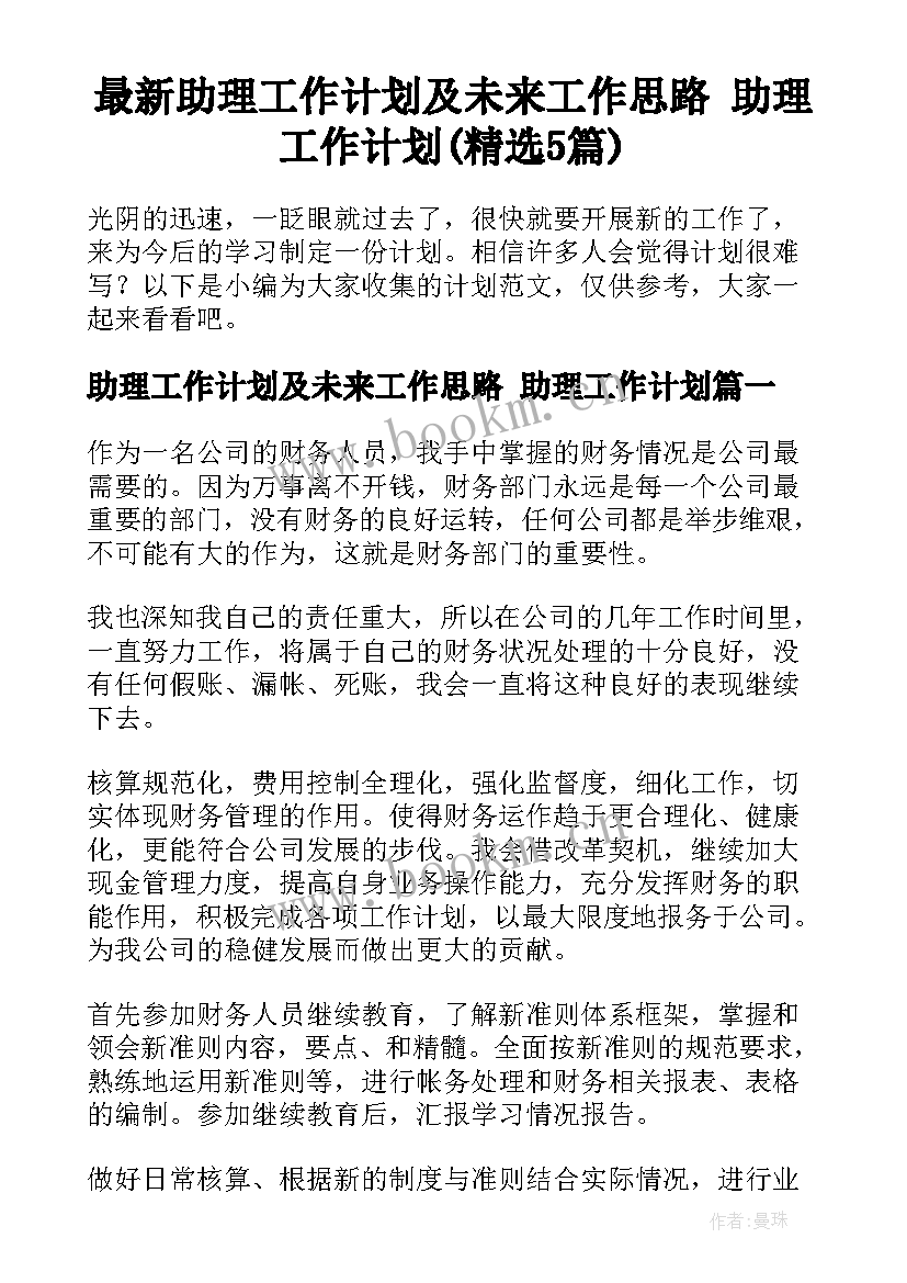 最新助理工作计划及未来工作思路 助理工作计划(精选5篇)