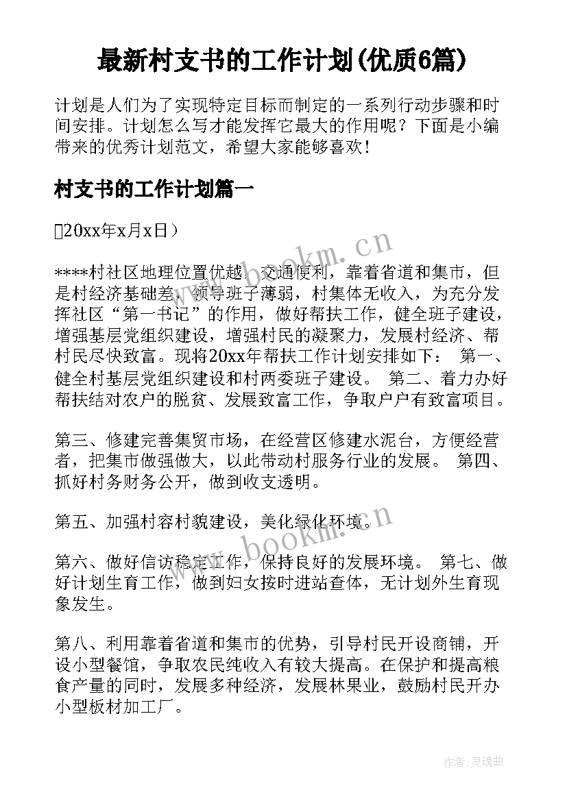 最新村支书的工作计划(优质6篇)