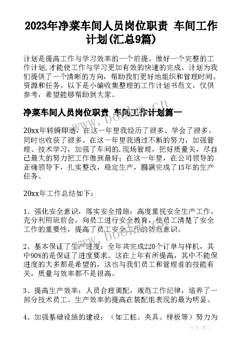 2023年净菜车间人员岗位职责 车间工作计划(汇总9篇)