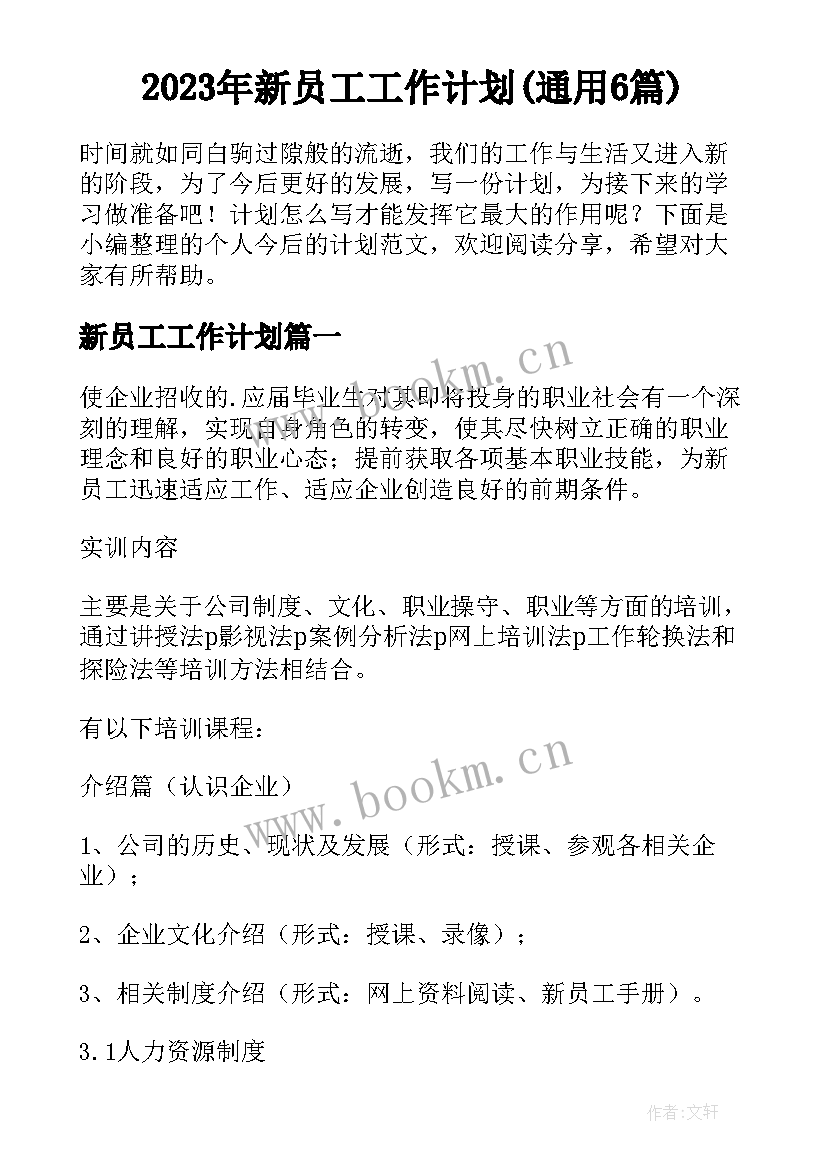 2023年新员工工作计划(通用6篇)