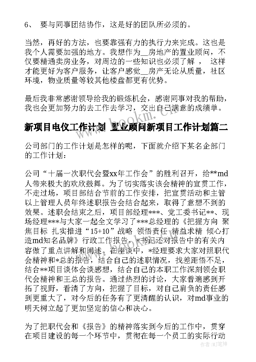 2023年新项目电仪工作计划 置业顾问新项目工作计划(汇总5篇)