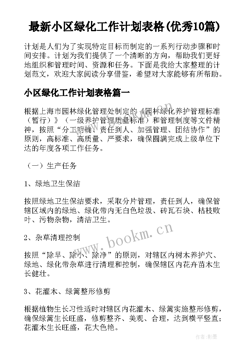 最新小区绿化工作计划表格(优秀10篇)