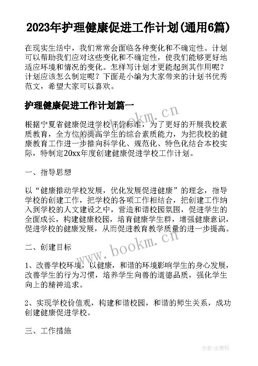 2023年护理健康促进工作计划(通用6篇)