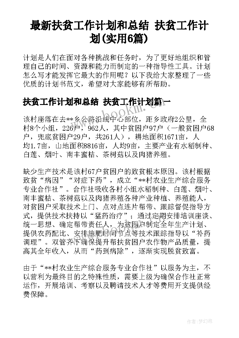 最新扶贫工作计划和总结 扶贫工作计划(实用6篇)