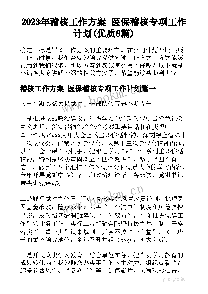 2023年稽核工作方案 医保稽核专项工作计划(优质8篇)