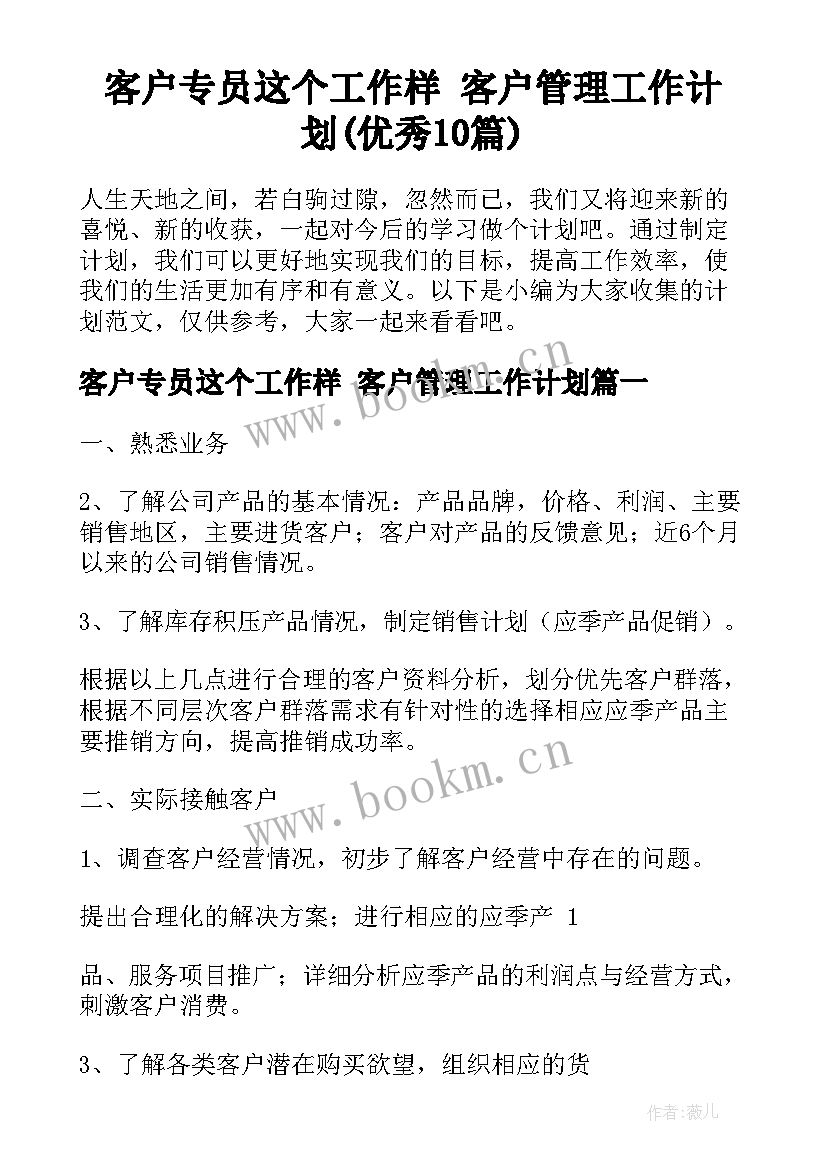 客户专员这个工作样 客户管理工作计划(优秀10篇)