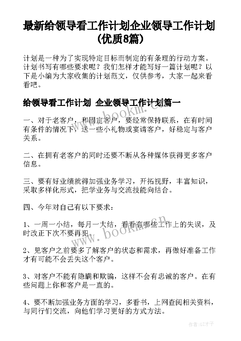 最新给领导看工作计划 企业领导工作计划(优质8篇)