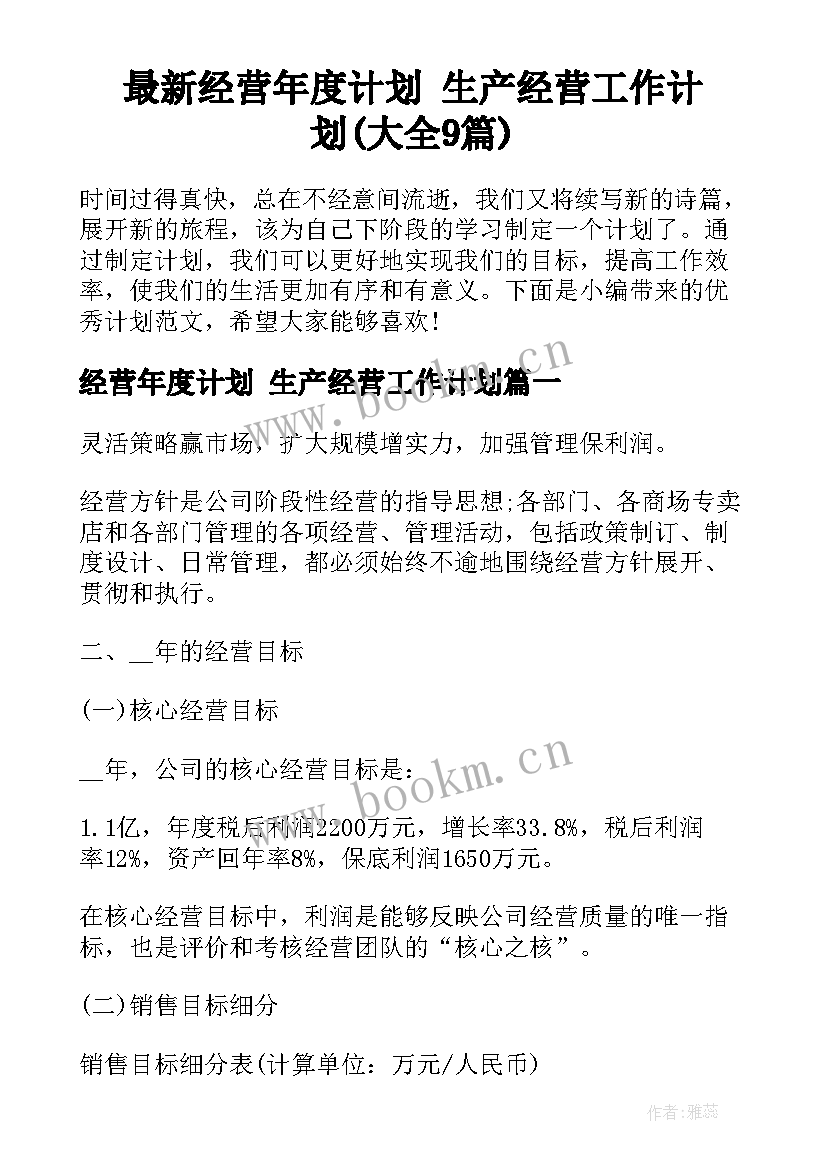 最新经营年度计划 生产经营工作计划(大全9篇)