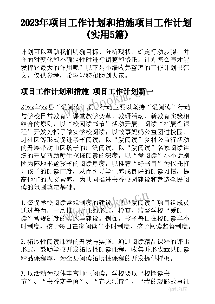 2023年项目工作计划和措施 项目工作计划(实用5篇)