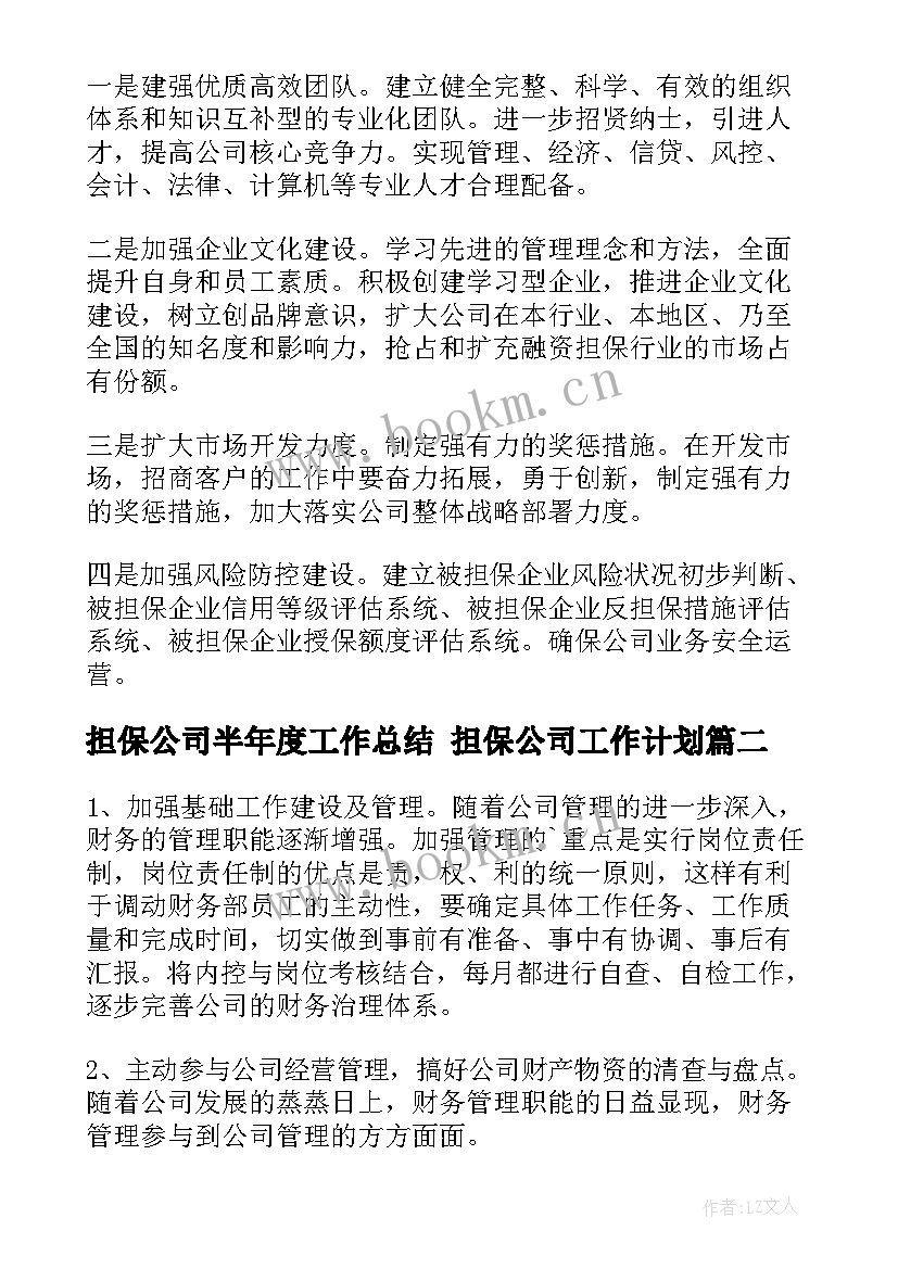 最新担保公司半年度工作总结 担保公司工作计划(模板5篇)