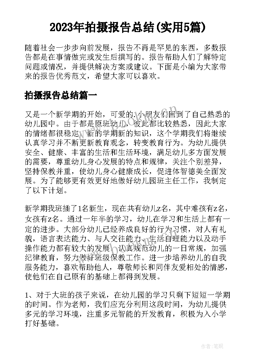 2023年拍摄报告总结(实用5篇)