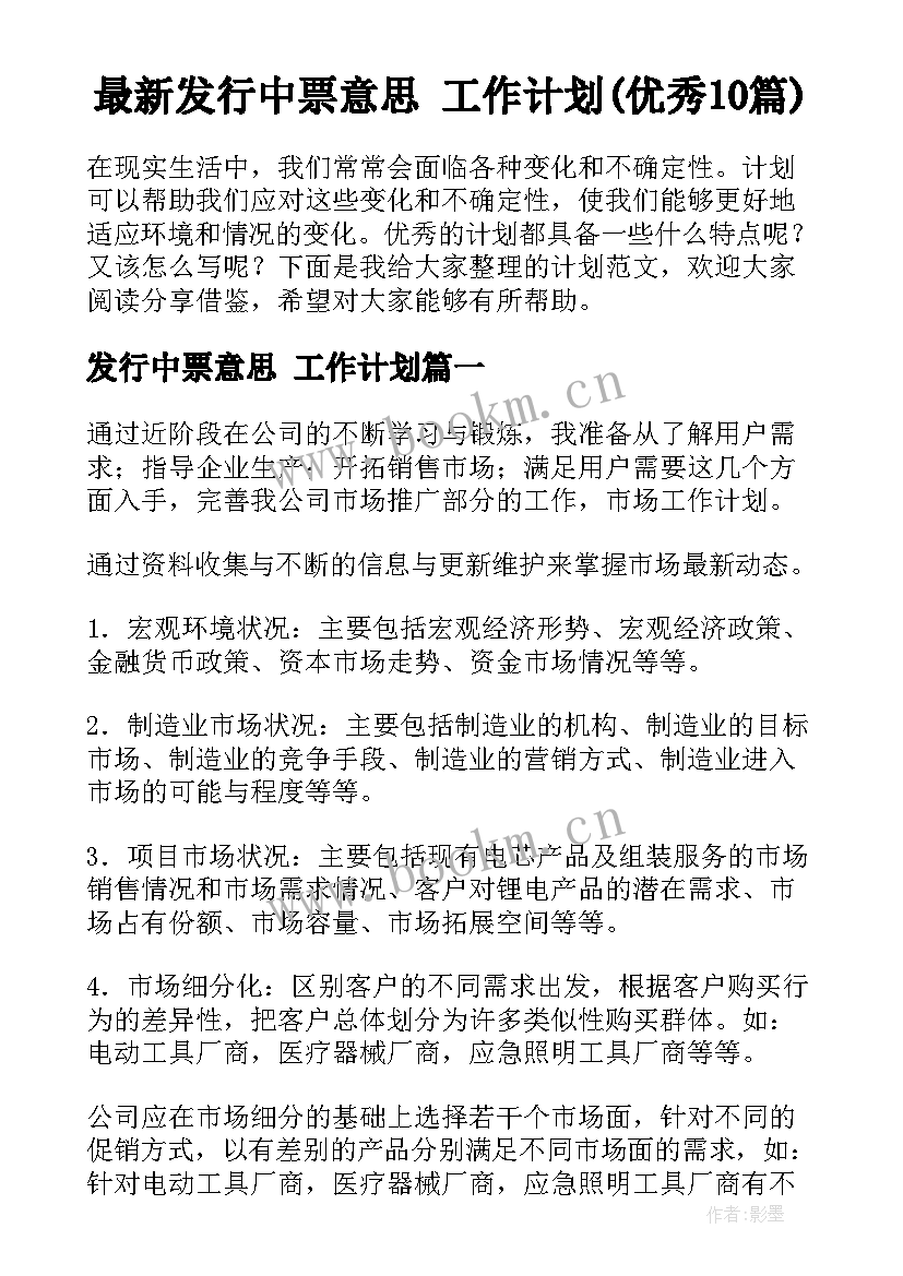 最新发行中票意思 工作计划(优秀10篇)