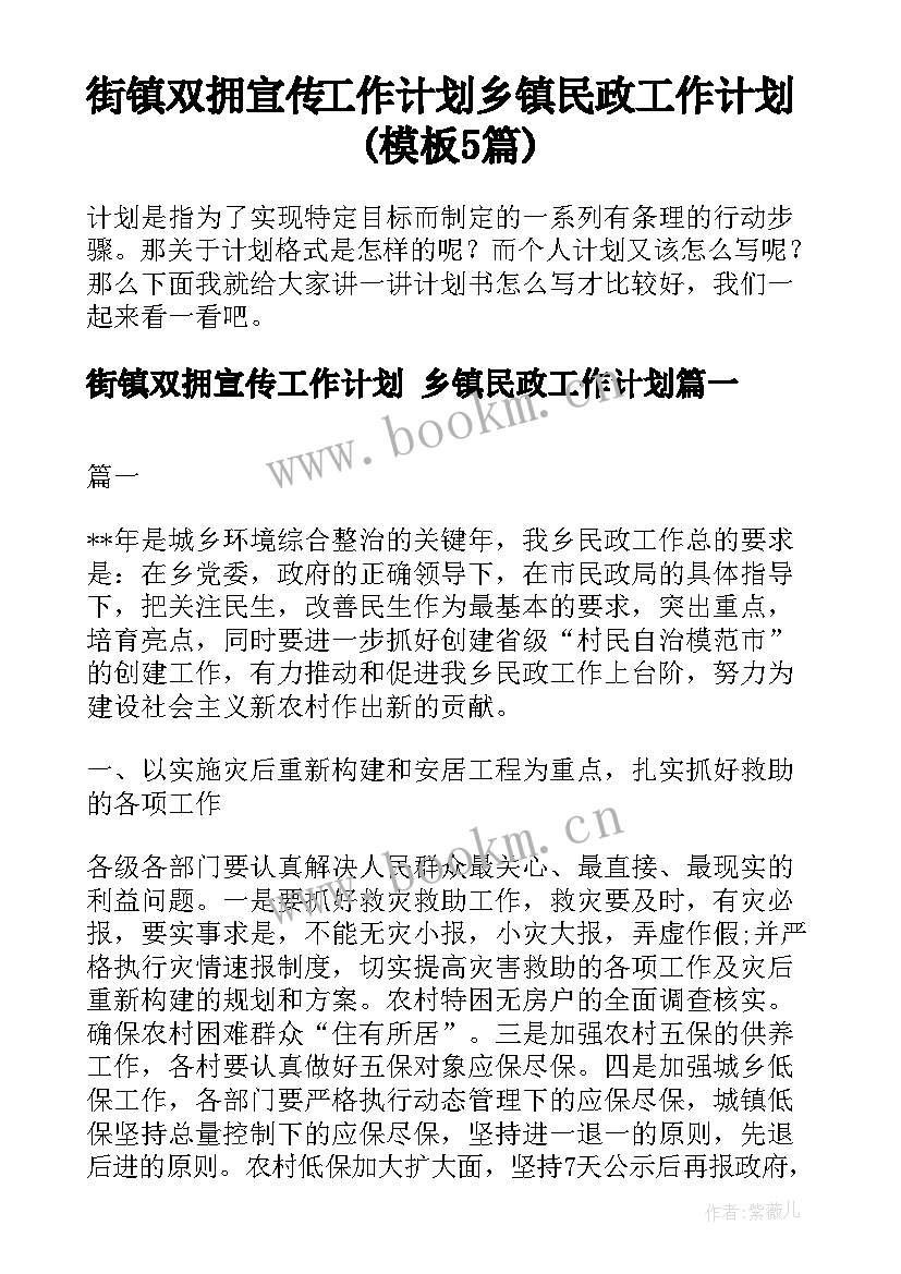 街镇双拥宣传工作计划 乡镇民政工作计划(模板5篇)