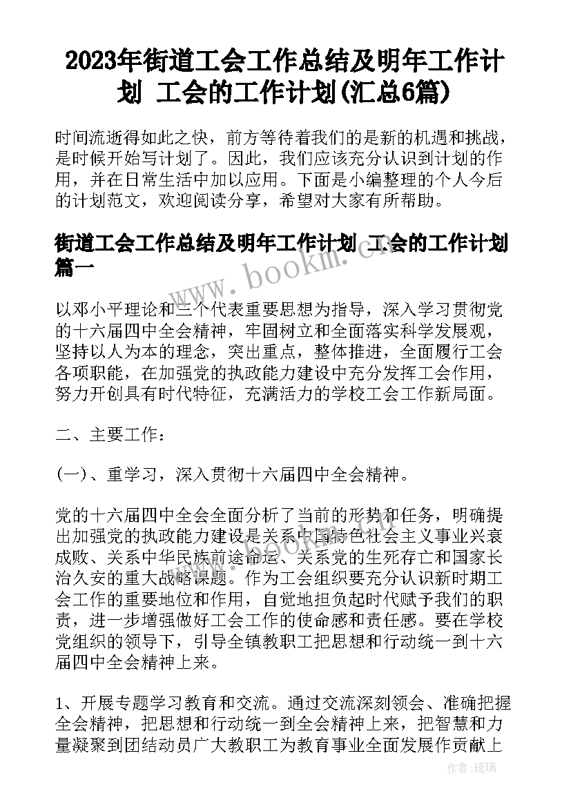 2023年街道工会工作总结及明年工作计划 工会的工作计划(汇总6篇)