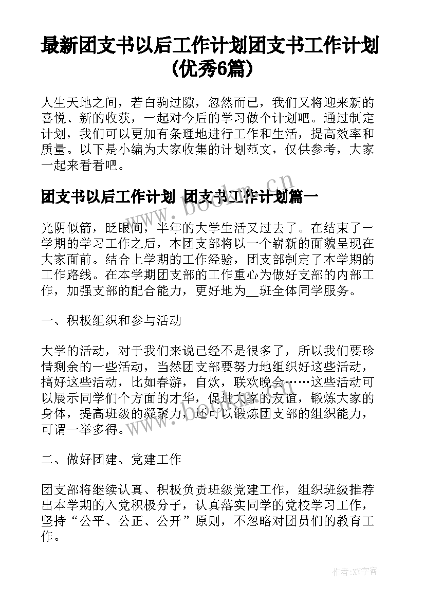 最新团支书以后工作计划 团支书工作计划(优秀6篇)