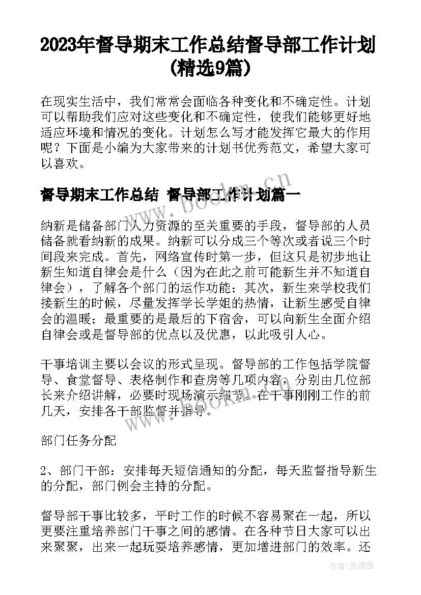 2023年督导期末工作总结 督导部工作计划(精选9篇)