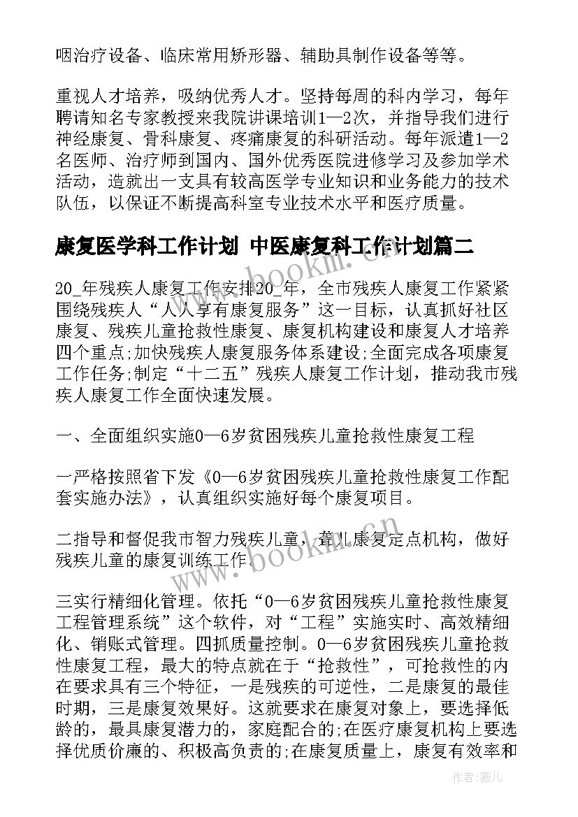 最新康复医学科工作计划 中医康复科工作计划(大全10篇)