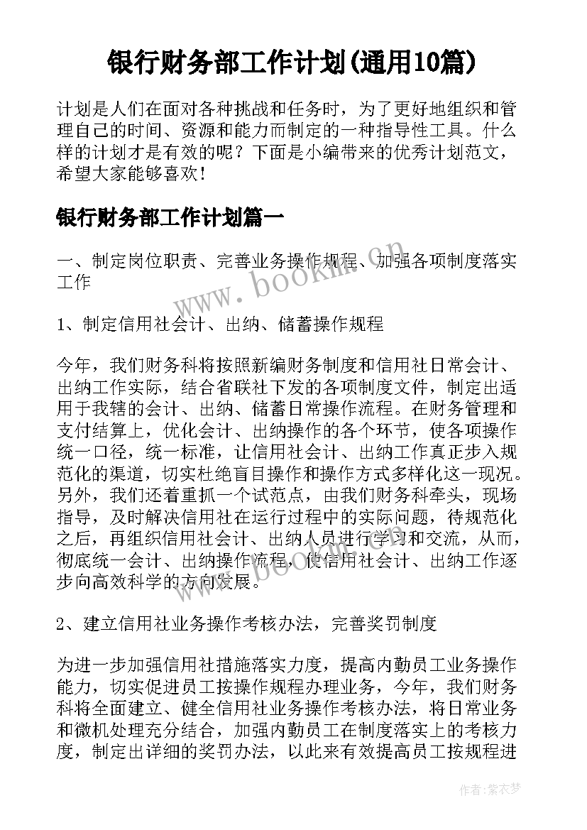 银行财务部工作计划(通用10篇)