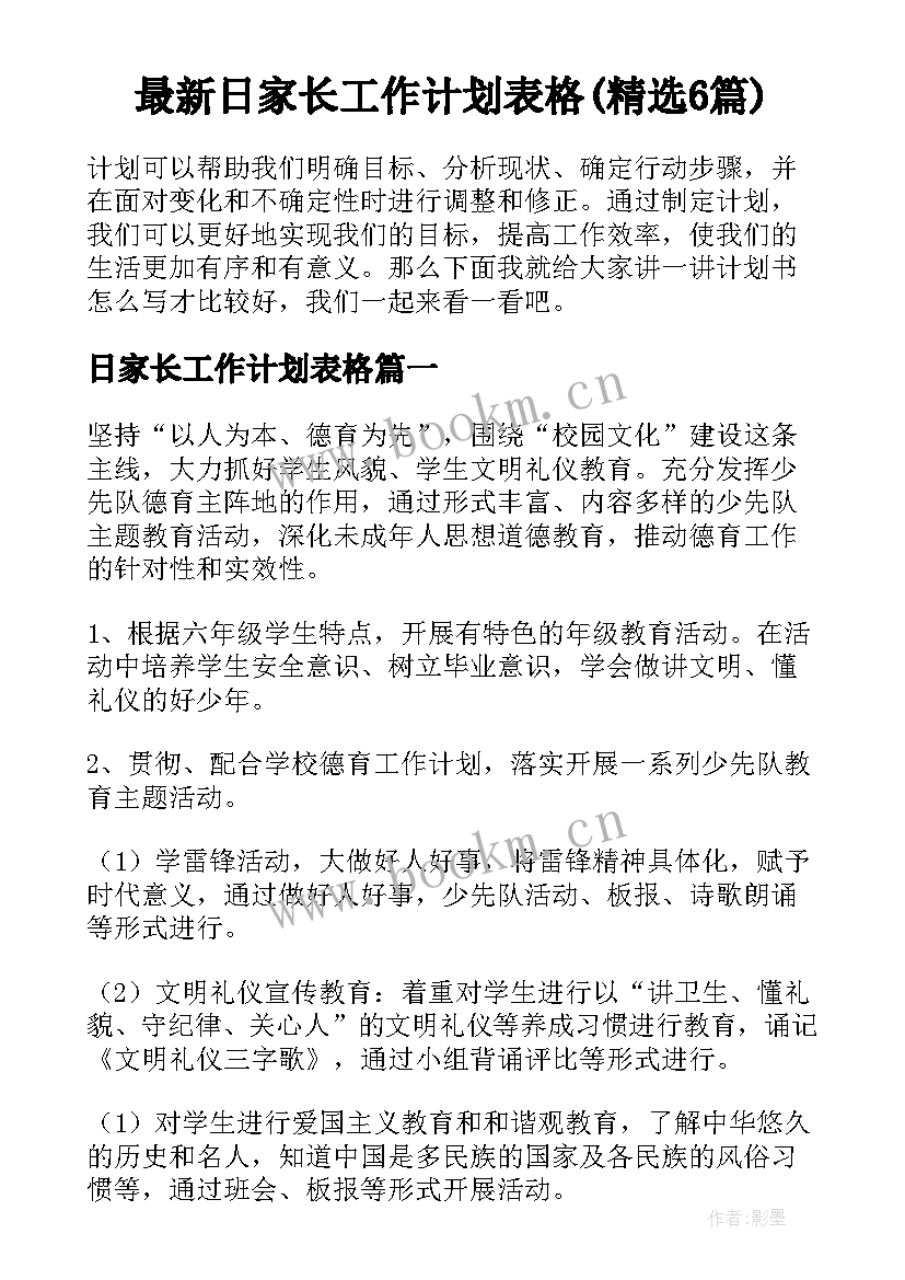 最新日家长工作计划表格(精选6篇)