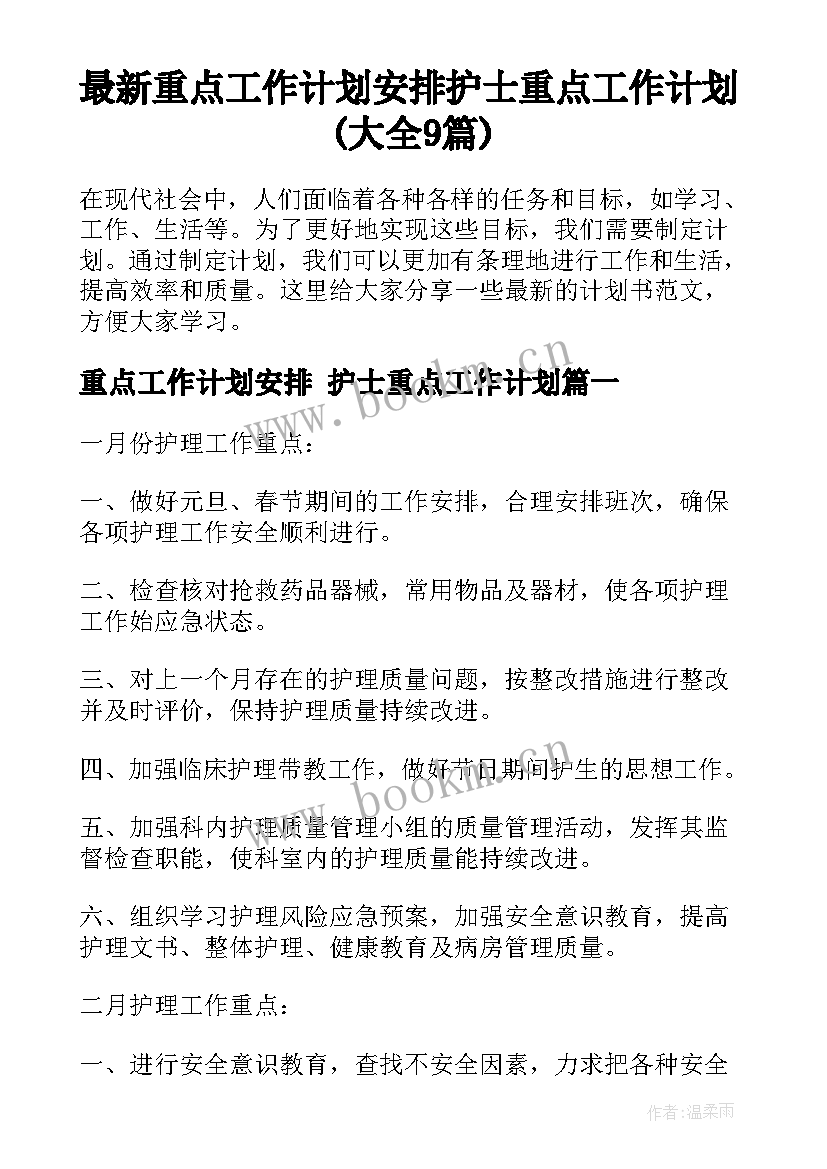 最新重点工作计划安排 护士重点工作计划(大全9篇)