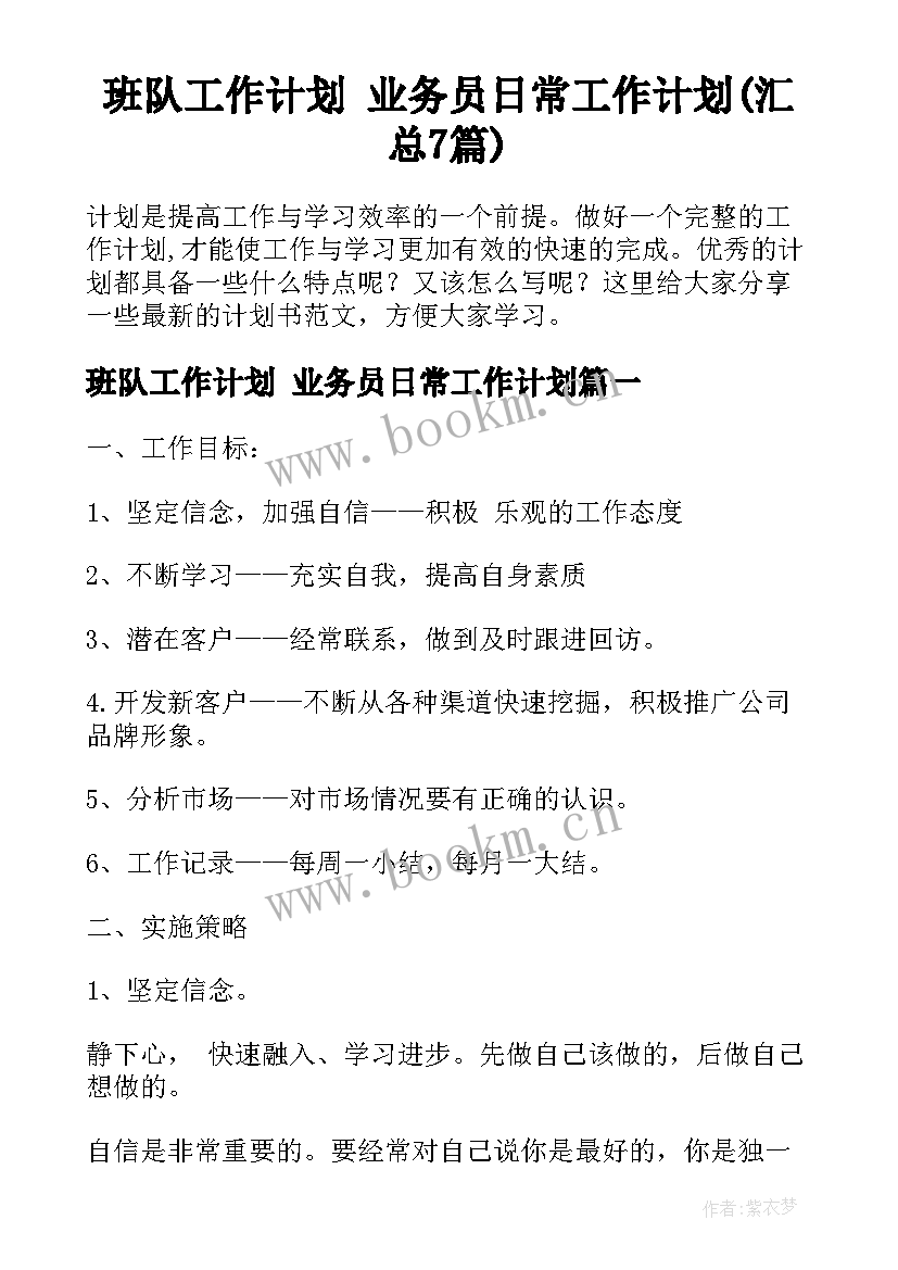 班队工作计划 业务员日常工作计划(汇总7篇)