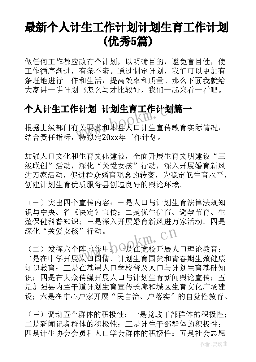 最新个人计生工作计划 计划生育工作计划(优秀5篇)