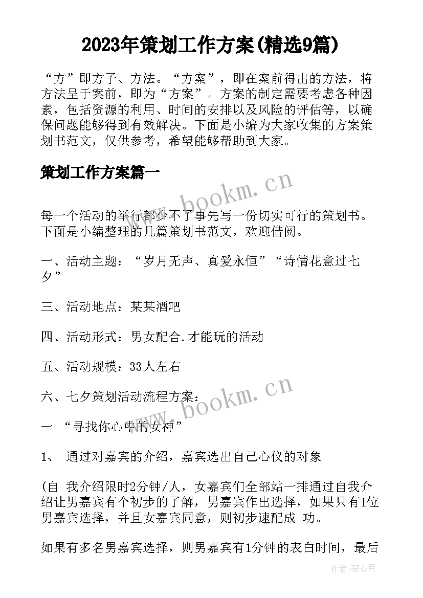 2023年策划工作方案(精选9篇)