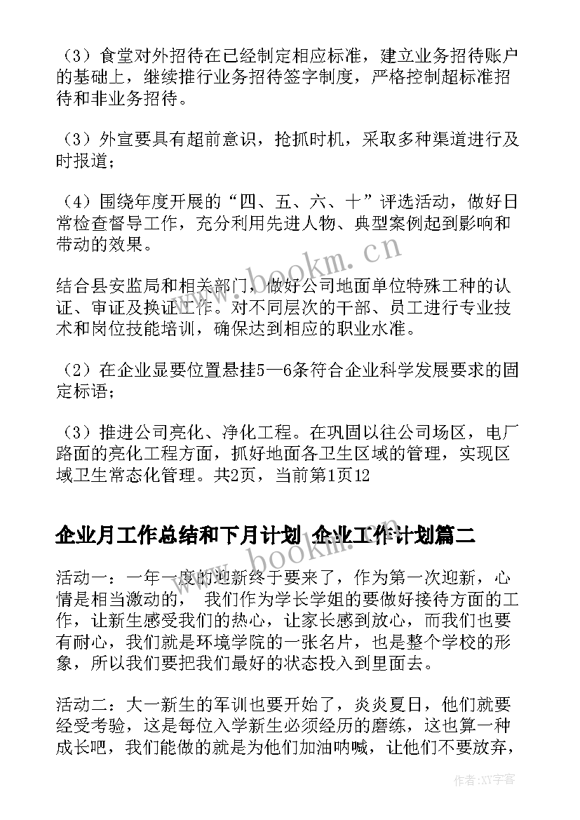 最新企业月工作总结和下月计划 企业工作计划(优质5篇)