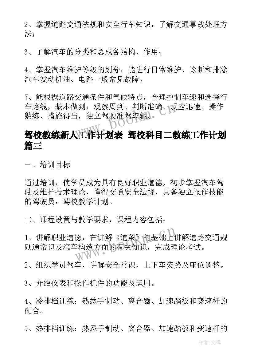 2023年驾校教练新人工作计划表 驾校科目二教练工作计划(汇总5篇)