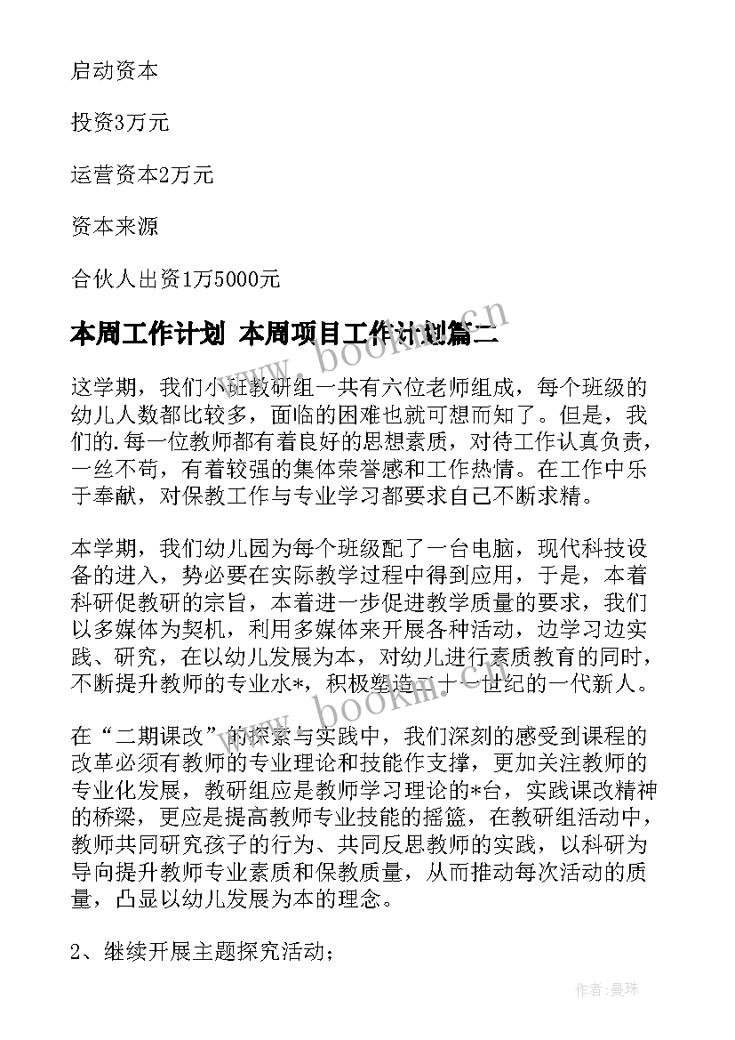 2023年本周工作计划 本周项目工作计划(模板8篇)