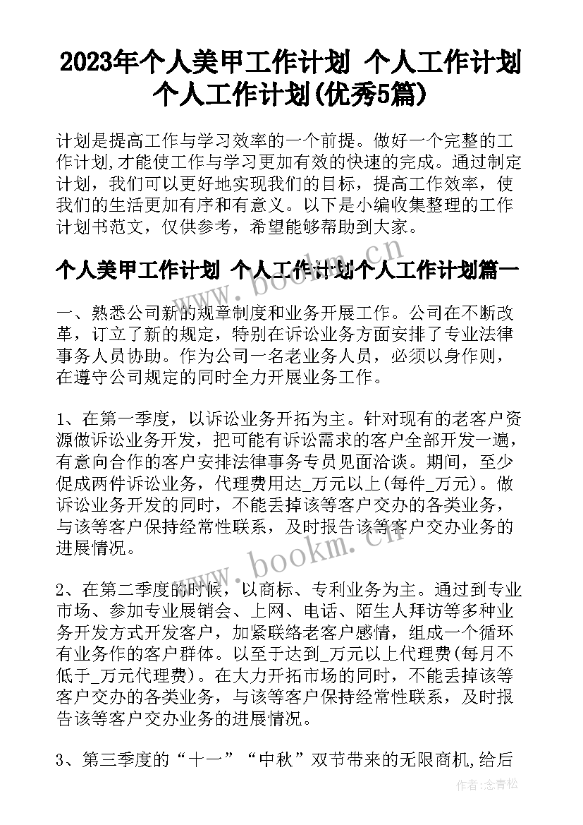 2023年个人美甲工作计划 个人工作计划个人工作计划(优秀5篇)