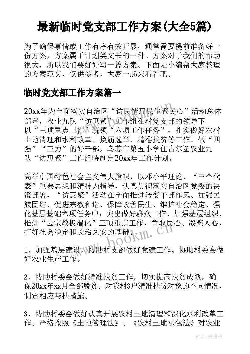 最新临时党支部工作方案(大全5篇)