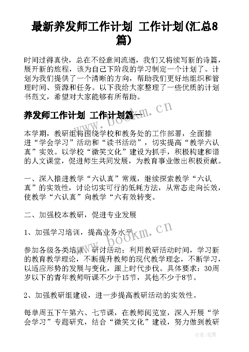 最新养发师工作计划 工作计划(汇总8篇)