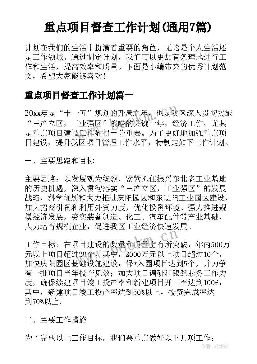 重点项目督查工作计划(通用7篇)