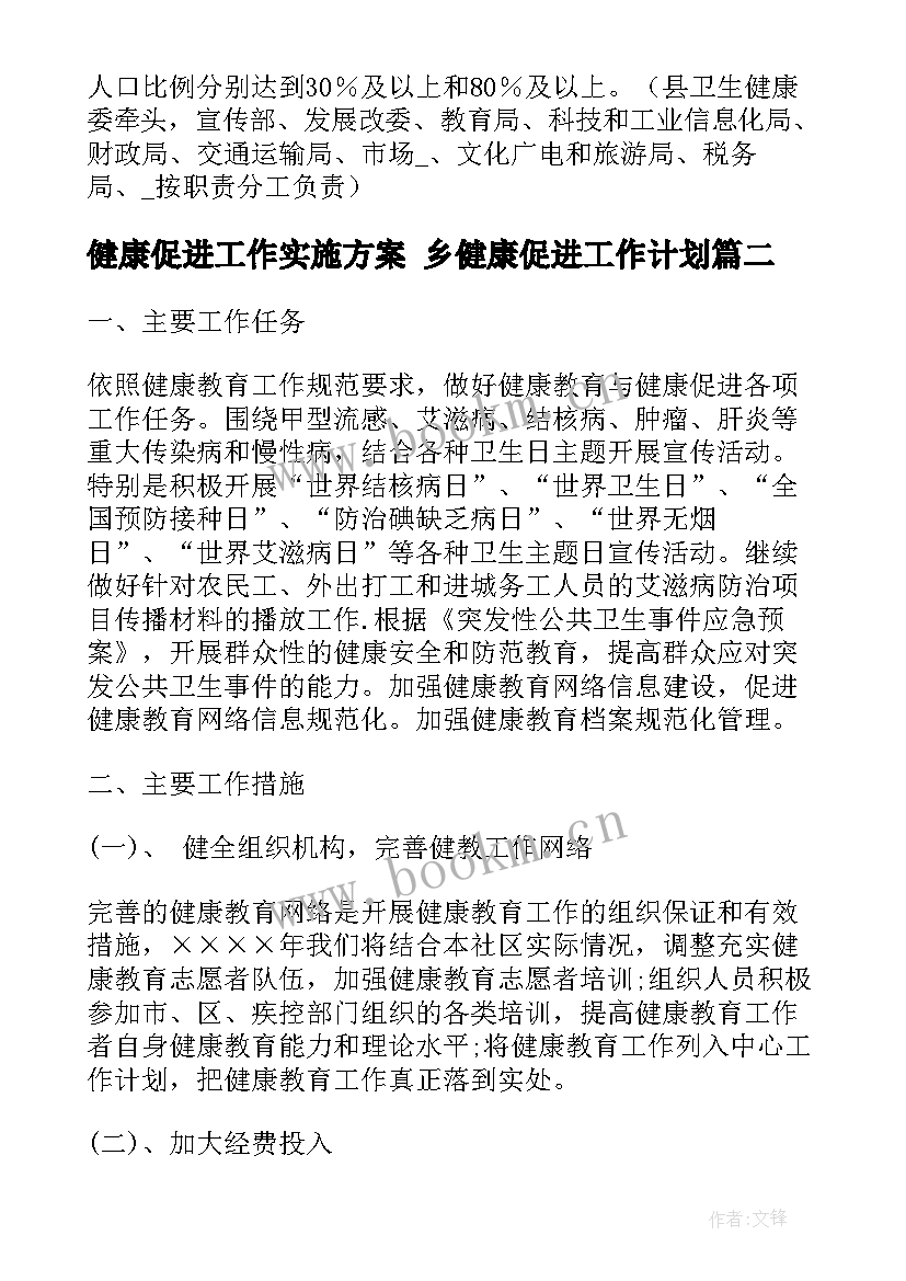 最新健康促进工作实施方案 乡健康促进工作计划(实用10篇)