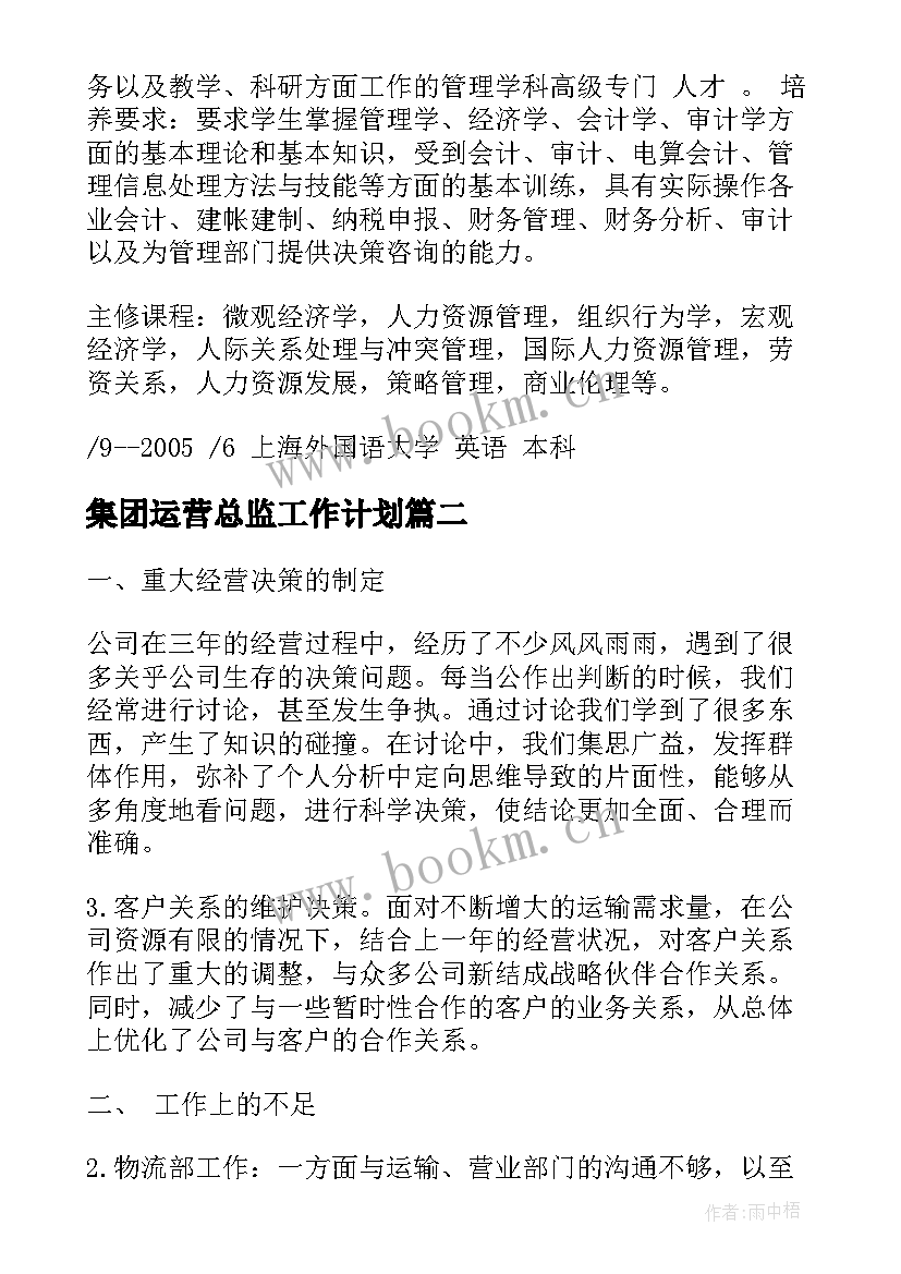 最新集团运营总监工作计划(通用5篇)