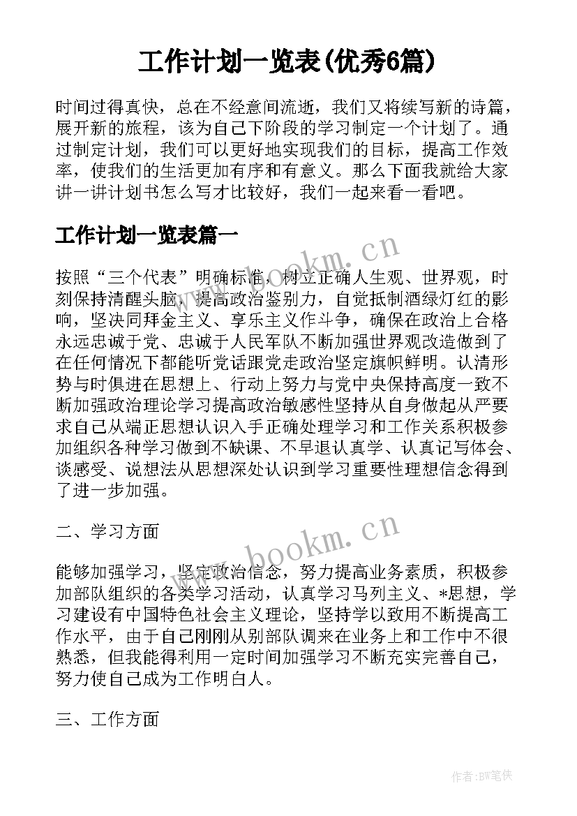 工作计划一览表(优秀6篇)