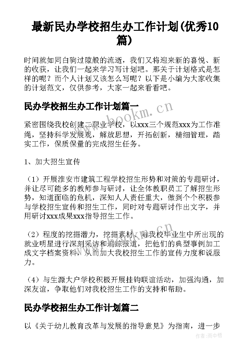 最新民办学校招生办工作计划(优秀10篇)