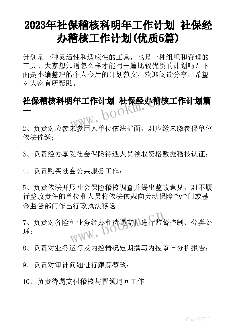 2023年社保稽核科明年工作计划 社保经办稽核工作计划(优质5篇)